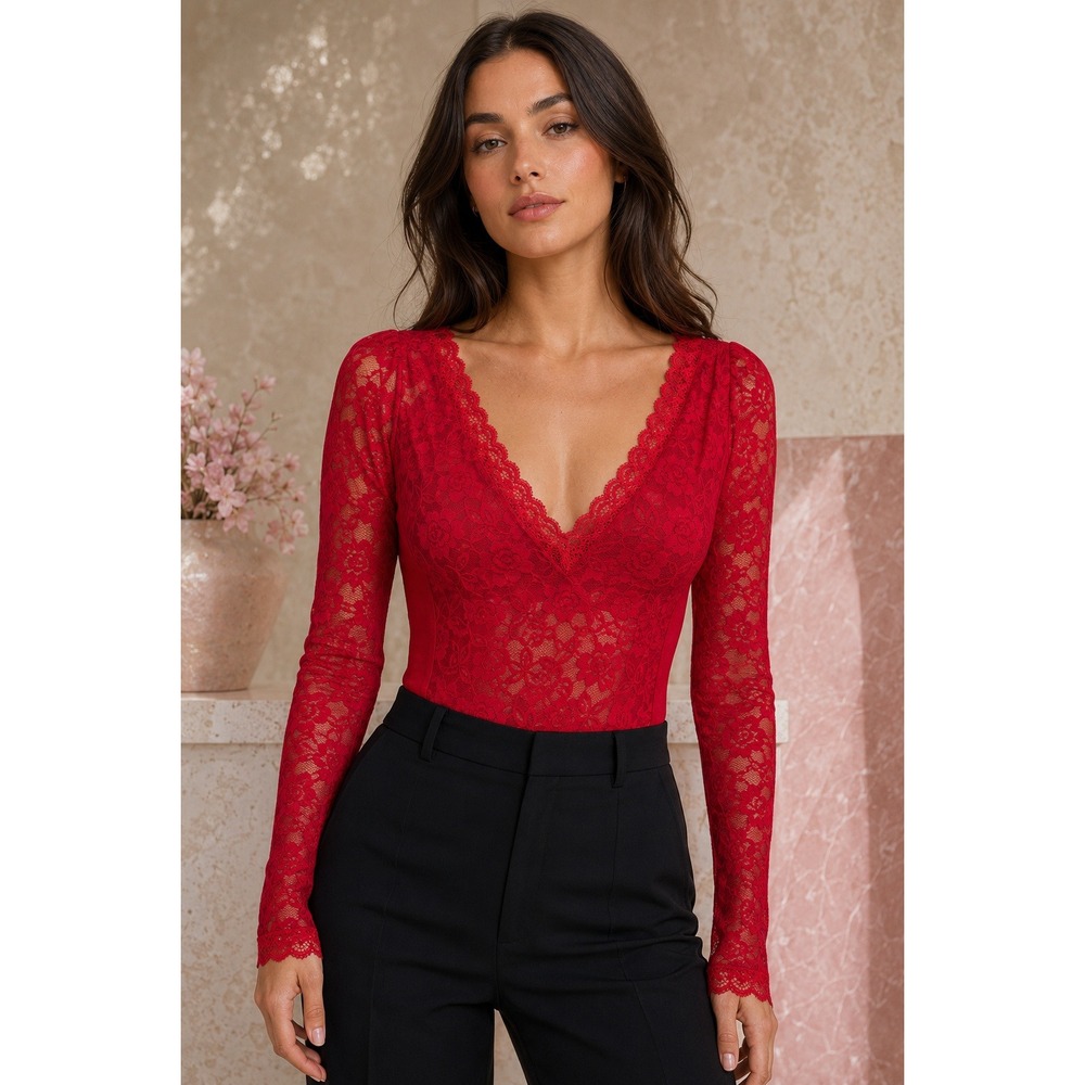 H&M Divided Bodysuit Women L Red Floral Lace Long Sleeve Deep V Neck Romantic